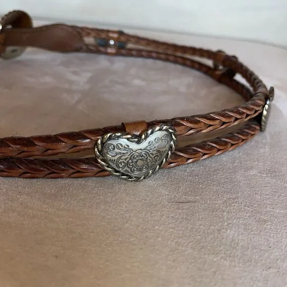Brighton Double Braided Cowgirl Leather Belt Silver Heart Concho 71706 Size 30 - Picture 4 of 12